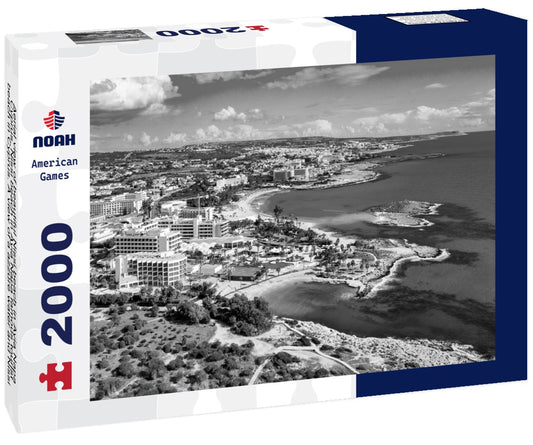 Noah Jigsaw Puzzle Aerial view of beautiful Nissi beach in Ayia Napa, Cyprus. Nissi beach in Ayia Napa famous tourist beach in Cyprus. A view of a azzure water and Nissi beach in Aiya Napa, Cyprus in black white 2000 pieces