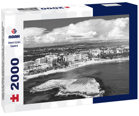 Noah Jigsaw Puzzle Aerial view of beautiful Nissi beach in Ayia Napa, Cyprus. Nissi beach in Ayia Napa famous tourist beach in Cyprus. A view of a azzure water and Nissi beach in Aiya Napa, Cyprus in black white 2000 pieces
