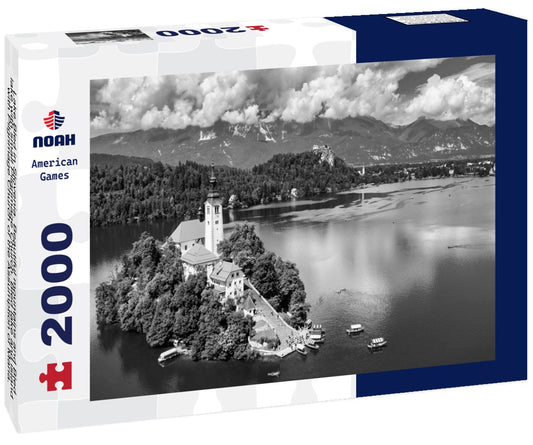 Noah Jigsaw Puzzle Lake Bled in Slovenia. Beautiful mountains and Bled lake with small Pilgrimage Church. Bled lake and island with Pilgrimage Church of the Assumption of Maria. Bled, Slovenia, Europe in black white 2000 pieces
