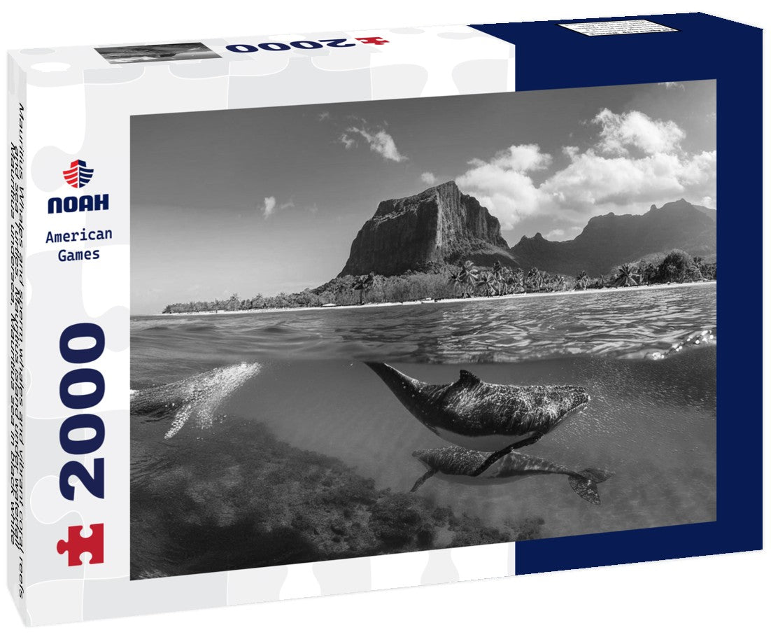 Noah Jigsaw Puzzle Mauritius Whales and sperm whales and vibrant coral reefs and sea Turtles. Mauritius island under waterfall, Mauritius undersea, Mauritius sea in black white 2000 pieces
