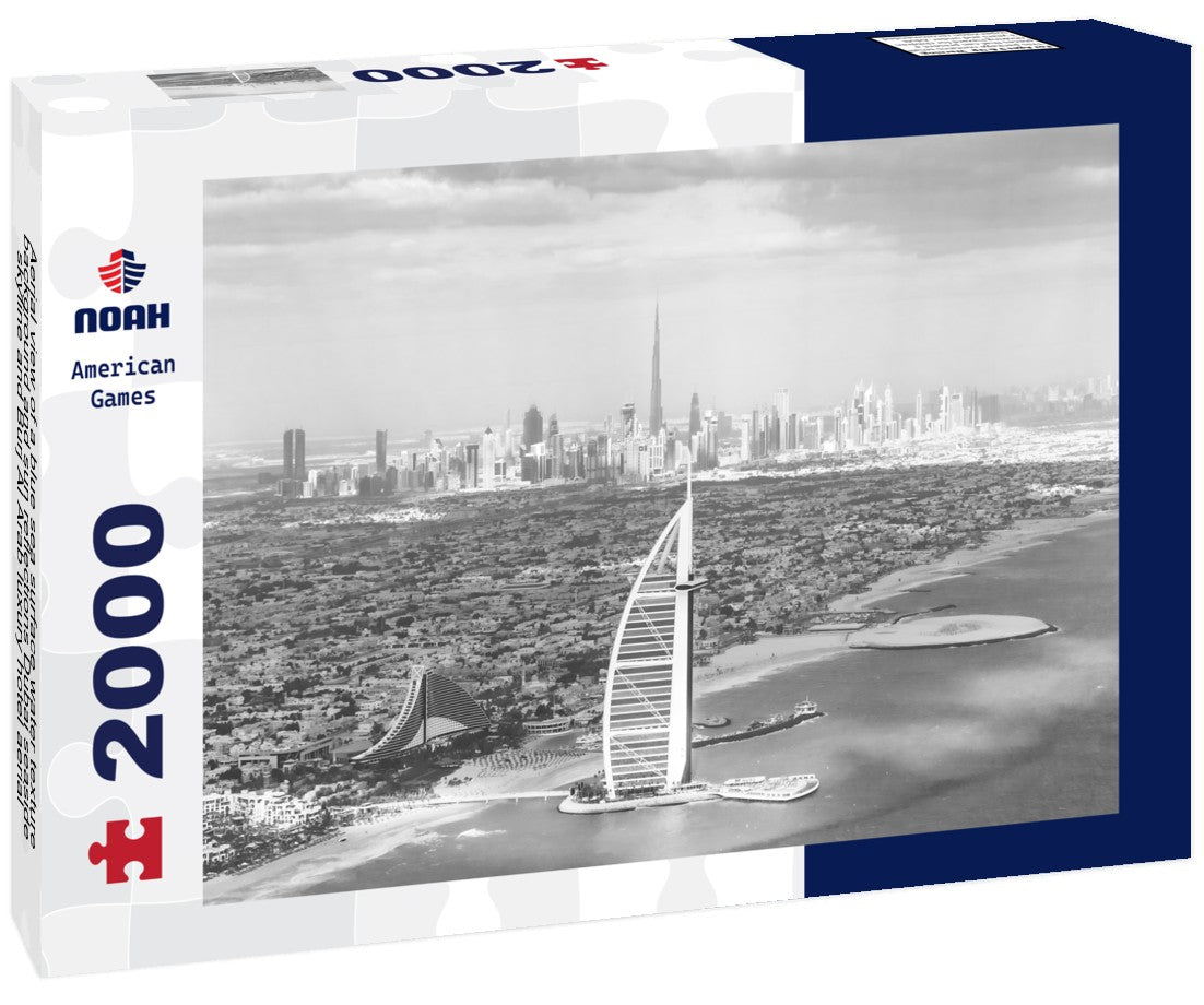 Noah Jigsaw Puzzle Aerial view of a blue sea surface water texture background and sun reflections Dubai seaside skyline and Burj Al Arab luxury hotel aerial view at sunrise in black white 2000 pieces