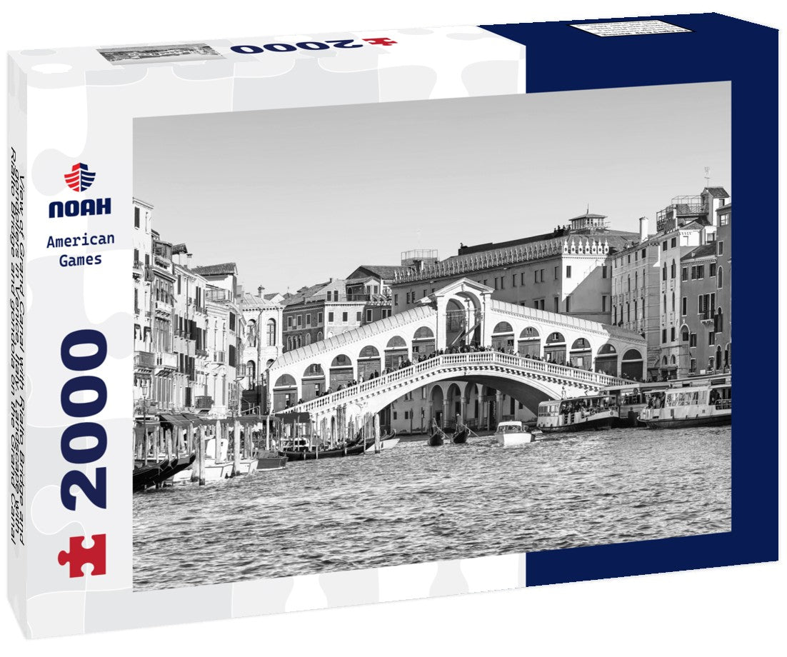 Noah Jigsaw Puzzle View of Grand Canal with Rialto Bridge and gondoliers in Venice, Italy. Landscape with Rialto Bridge and gondola on the Grand Canal in Venice, Italy in black white 2000 pieces