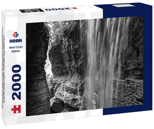 Noah Jigsaw Puzzle A waterfall falls into a pool among rock formations at Watkins Glen State Park in Pennsylvania, showcasing the power and beauty of nature, USA in black white 2000 pieces
