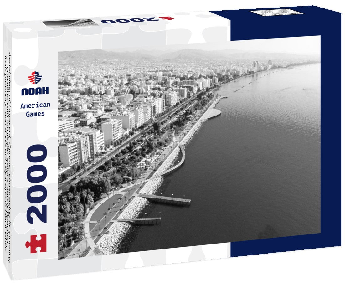 Noah Jigsaw Puzzle Aerial view of Limassol, Cyprus, showcasing its stunning coastline with turquoise waters, sandy beaches, lush greenery, and a vibrant cityscape in black white 2000 pieces