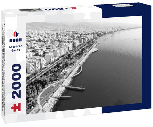 Noah Jigsaw Puzzle Aerial view of Limassol, Cyprus, showcasing its stunning coastline with turquoise waters, sandy beaches, lush greenery, and a vibrant cityscape in black white 2000 pieces