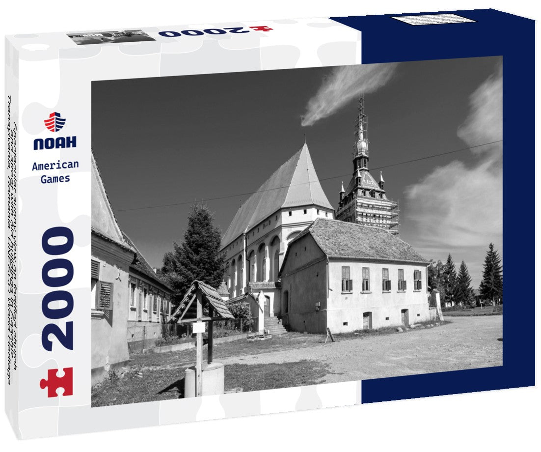 Noah Jigsaw Puzzle Spectacular sunny view on fortified church and street with old buildings in Saschiz, Transylvania, Romania. UNESCO World Heritage Site in black white 2000 pieces