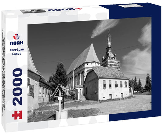 Noah Jigsaw Puzzle Spectacular sunny view on fortified church and street with old buildings in Saschiz, Transylvania, Romania. UNESCO World Heritage Site in black white 2000 pieces