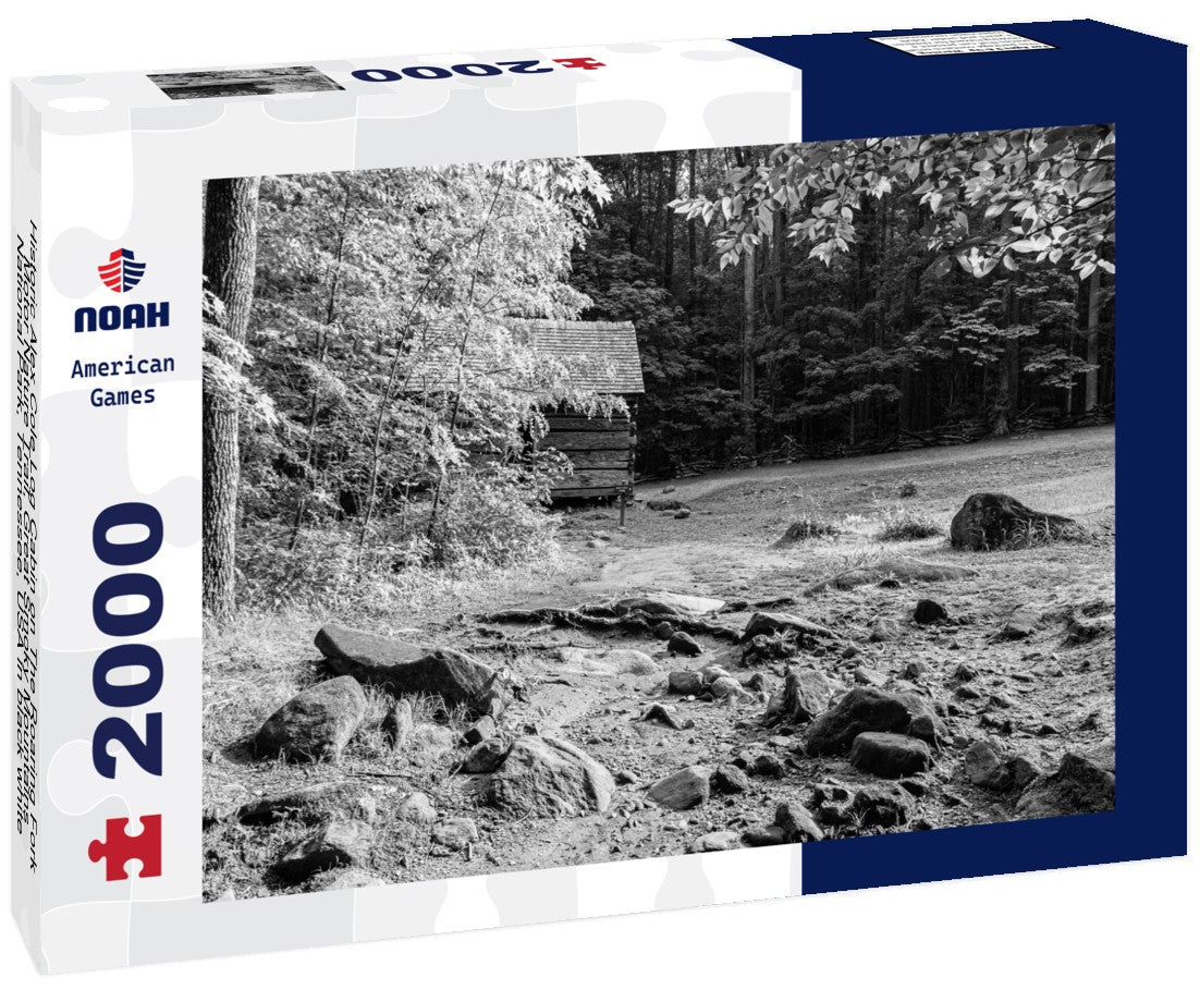 Noah Jigsaw Puzzle Historic Alex Cole Log Cabin on The Roaring Fork Motor Nature Trail, Great Smoky Mountains, National Park, Tennessee, USA in black white 2000 pieces