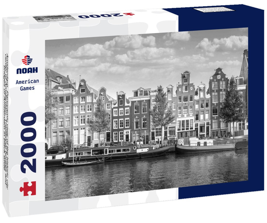 Noah Jigsaw Puzzle Amsterdam. Panoramic view of the historic city center of Amsterdam. Traditional houses and bridges of Amsterdam in black white 2000 pieces
