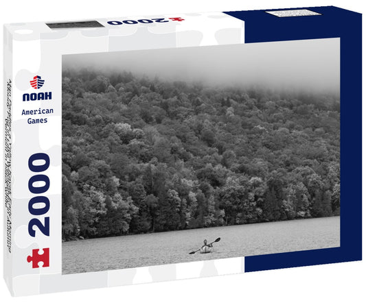 Noah Jigsaw Puzzle Man Paddles a Yellow Kayak Early Morning Moody Fog in Lake Willoughby in Autumn, Vermont in black white 2000 pieces