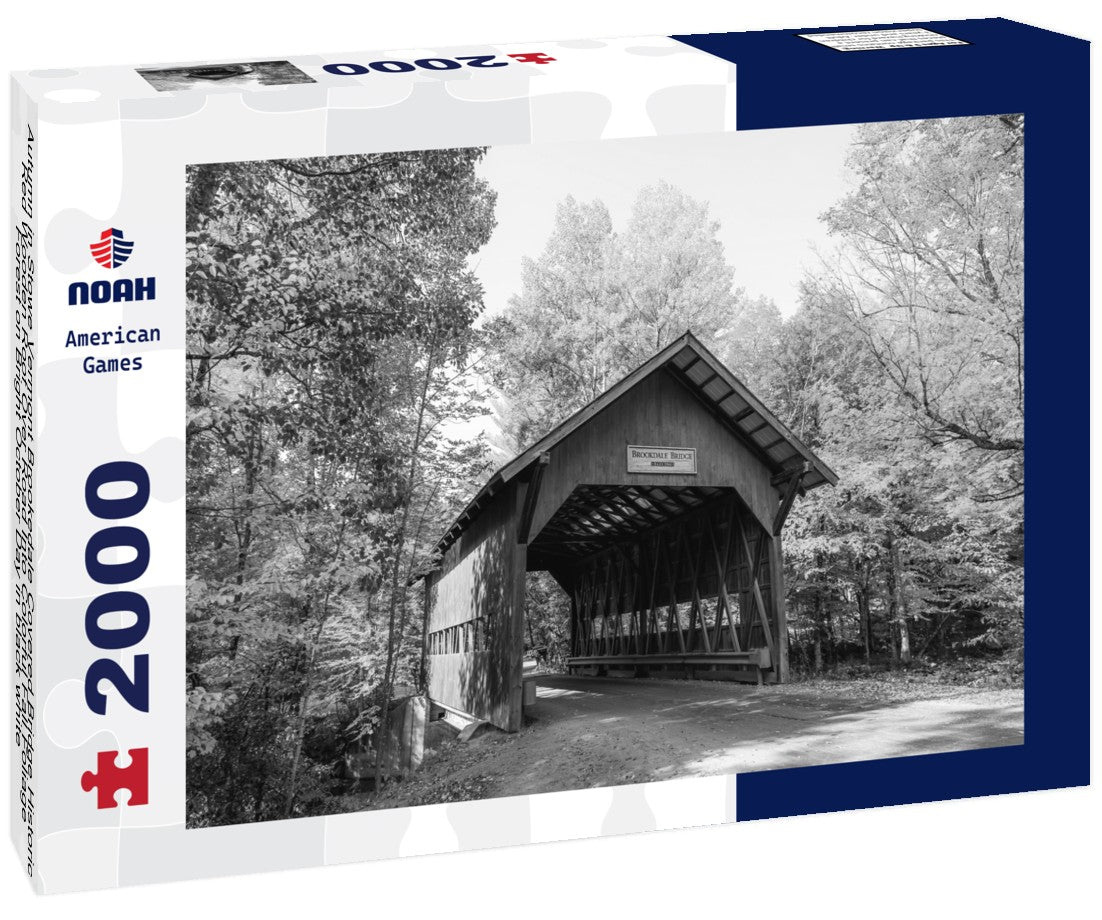 Noah Jigsaw Puzzle Autumn in Stowe Vermont Brookedale Covered Bridge Historic Red Wooden Roof Over Road Into Colorful Fall Foliage Forest on Bright October Day in black white 2000 pieces