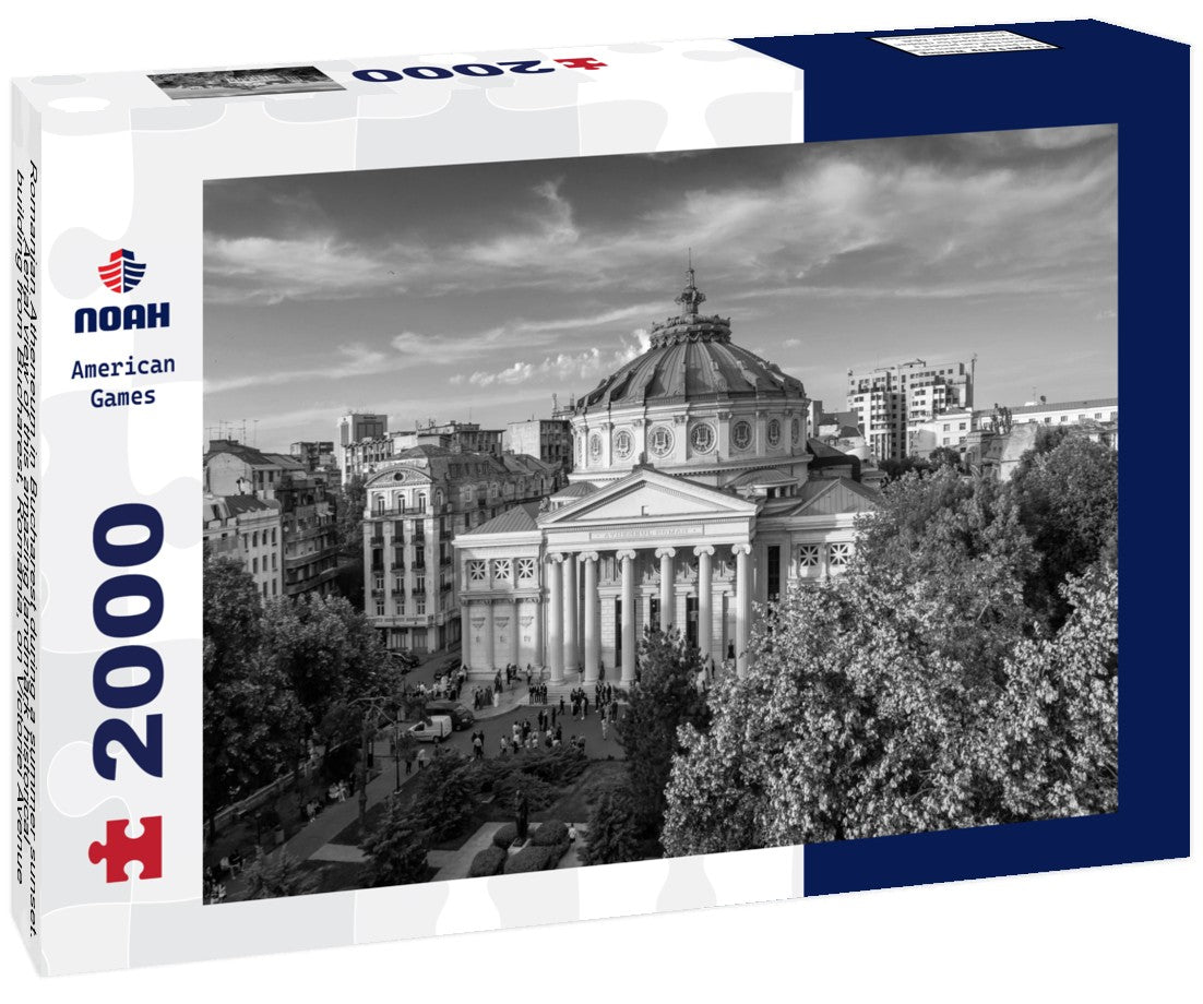 Noah Jigsaw Puzzle Romanian Atheneum in Bucharest during a summer sunset. Aerial view of this amazing landmark historical building from Bucharest, Romania, on Victoriei Avenue (Calea Victoriei) in black white 2000 pieces