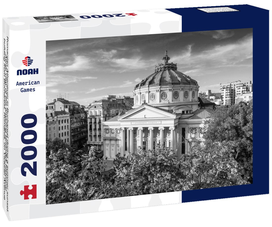 Noah Jigsaw Puzzle Romanian Atheneum in Bucharest during a summer sunset. Aerial view of this amazing landmark historical building from Bucharest, Romania, on Victoriei Avenue (Calea Victoriei) in black white 2000 pieces