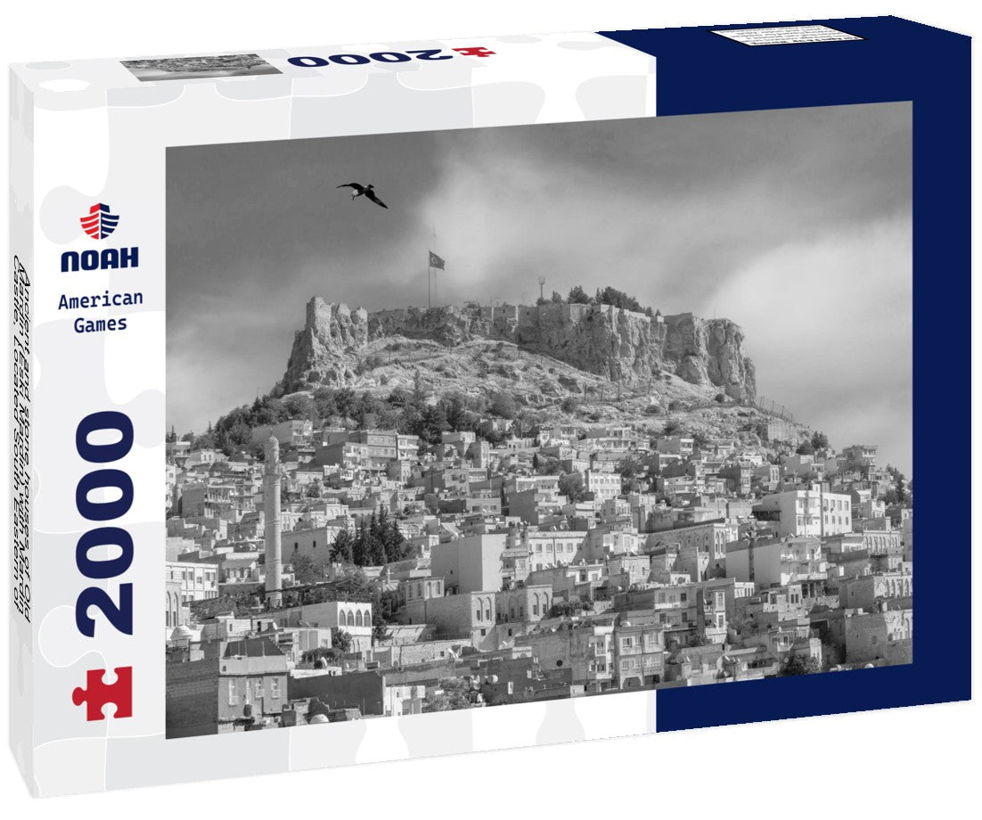 Noah Jigsaw Puzzle Ancient and stone houses of Old Mardin (Eski Mardin) with Mardin Castle, Located South Eastern of Turkey in black white 2000 pieces