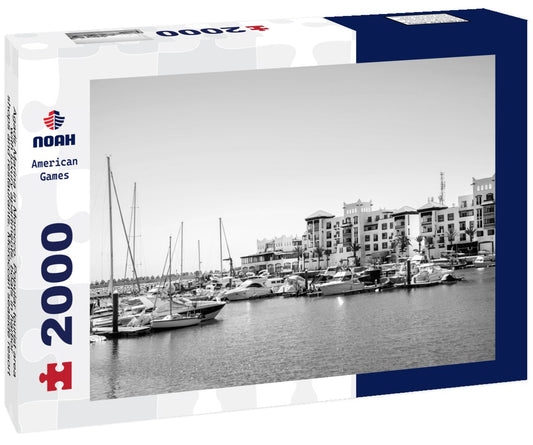 Noah Jigsaw Puzzle Agadir Marina in Morocco. Popular tourist area with luxury apartments, boats in harbor, shops and restaurants. Moroccan seaside resort on shore of Atlantic ocean in Africa in black white 2000 pieces
