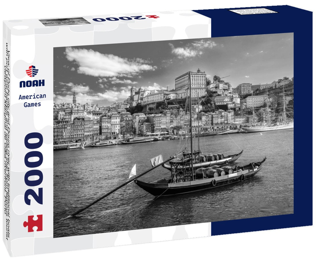 Noah Jigsaw Puzzle View of Porto city and Douro river with traditional boats with port wine barrels and sailing ship from famous tourist viewpoint Marginal de Gaia riverfront. Porto, Vila Nova de Gaia, Portugal in black white 2000 pieces