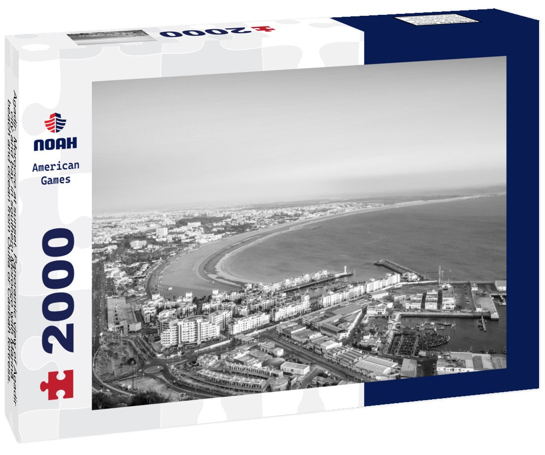 Agadir, Morocco at sunset. Agadir city and bay in southern Morocco with Marina, beach and ocean from Oufla or Casbah fortress. Moroccan seaside resort on Atlantic coast in Africa 2000pc PuzzleBlack and White