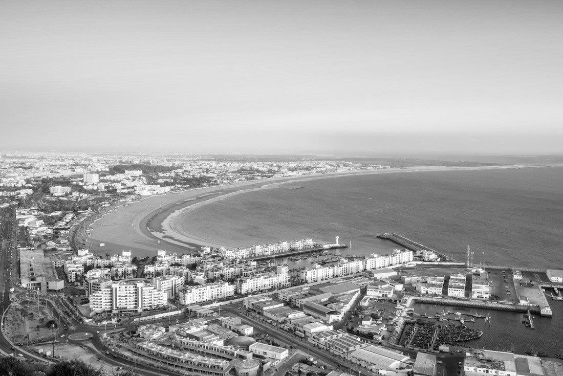 Agadir, Morocco at sunset. Agadir city and bay in southern Morocco with Marina, beach and ocean from Oufla or Casbah fortress. Moroccan seaside resort on Atlantic coast in Africa 2000pc PuzzleBlack and White