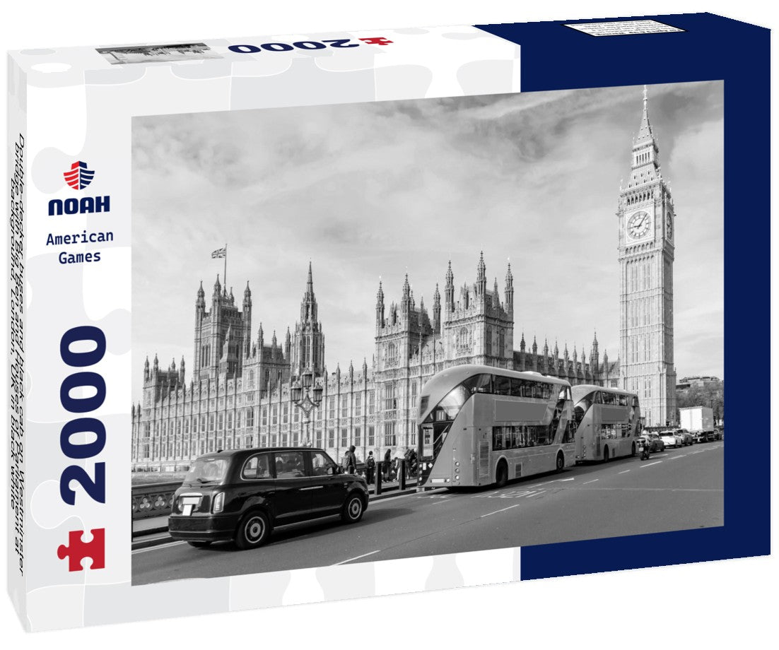 Noah Jigsaw Puzzle Double-decker buses and black cab on Westminster bridge with Big Ben and Houses of Parliament at background, London, UK in black white 2000 pieces