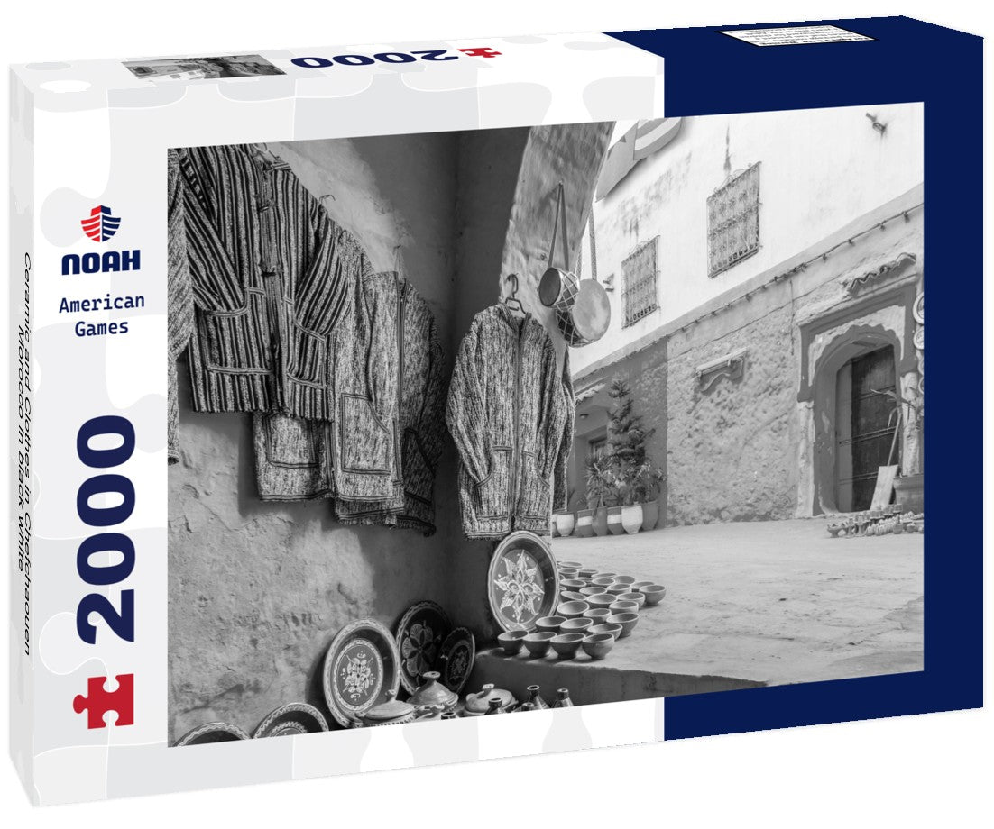 Noah Jigsaw Puzzle Ceramic and Clothes in Chefchaouen, Morocco in black white 2000 pieces