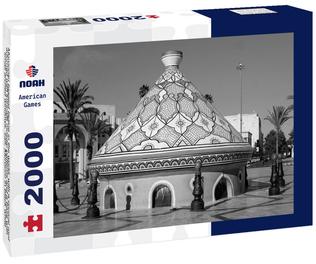 Noah Jigsaw Puzzle Moroccan biggest tagine in the world, with a conical roof adorned with intricate mosaic patterns and a base with small arched windows. safi, Morocco in black white 2000 pieces