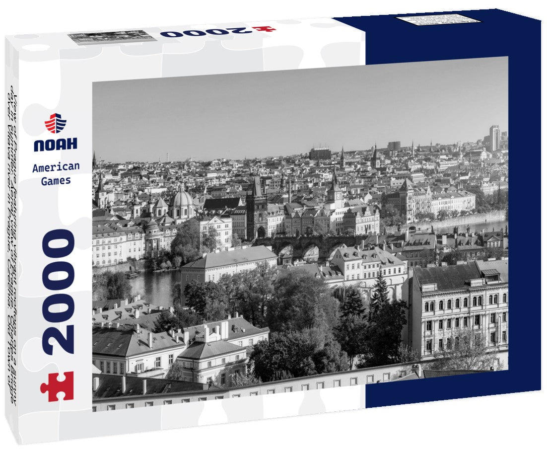 Noah Jigsaw Puzzle View of Prague featuring vibrant rooftops on a sunny day in summer. Aerial view of Prague, Charles Bridge over Vltava river in Prague, Czechia. Old Town of Prague, Czech Republic in black white 2000 pieces