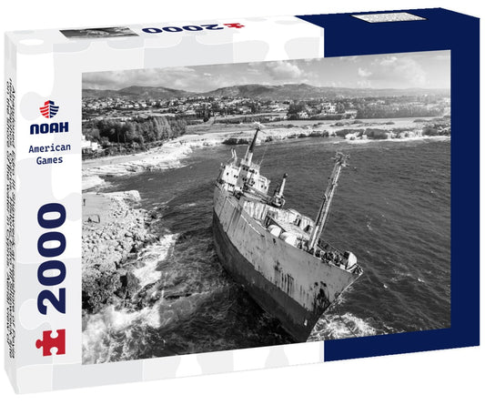 Noah Jigsaw Puzzle Abandoned Edro III Shipwreck at seashore of Peyia, near Paphos, Cyprus. Historic Edro III Shipwreck site on the shore of the water in Cyprus. Aerial view of Shipwreck EDRO III, Pegeia, Paphos in black white 2000 pieces