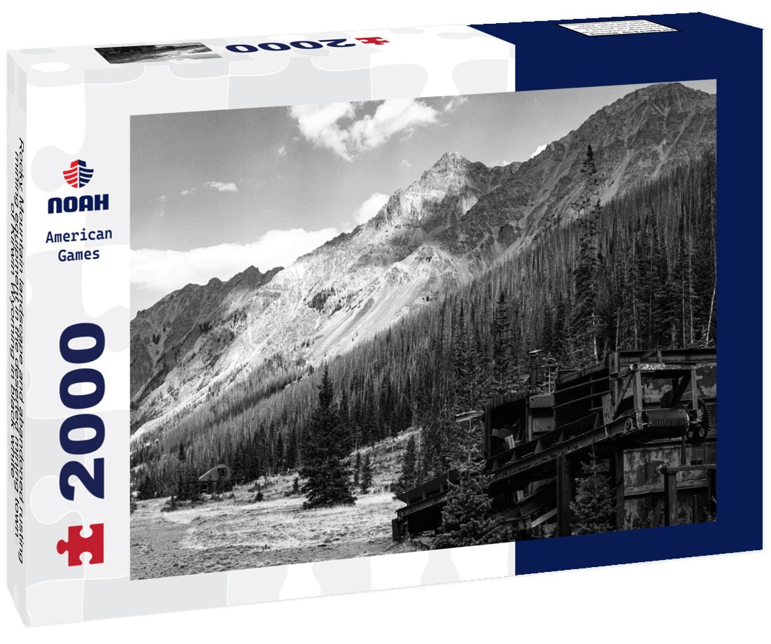 Noah Jigsaw Puzzle Rocky Mountain landscape and abandoned rusting mining equipment in the deserted mining town of Kirwin Wyoming in black white 2000 pieces