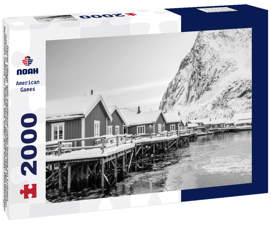 Reine village with traditional rorbu houses on Lofoten islands in winter. Scandinavian landscape with red wooden fishermen cabins on frozen sea water and snowy Reinebringen mountain, northern Norway 2000pc PuzzleBlack and White