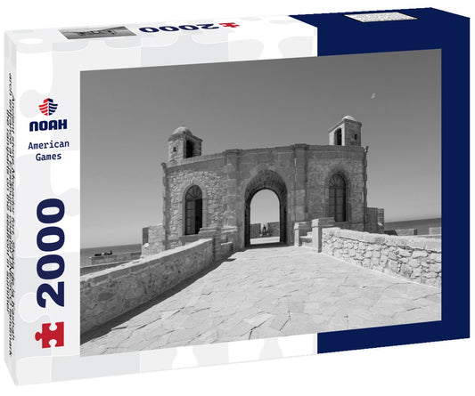 Noah Jigsaw Puzzle Ancient stone Mogador fort, Skala de la Kasbah, arch entrance at Essaouira coastal UNESCO landmark, the ramparts on the seafront in summer, ocean in background Morocco in black white 2000 pieces