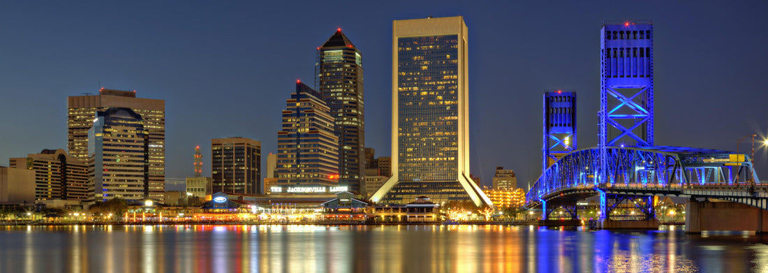 Noah Jigsaw Puzzle Beautiful sunset on St. John's River and Jacksonville, Florida skyline showing the John T. Alsop Jr. Bridge panorama 1000 pieces