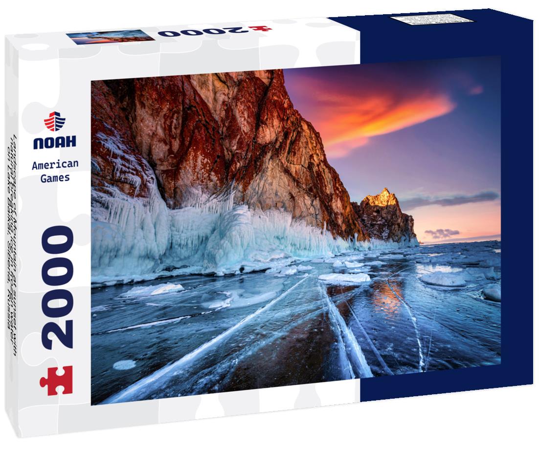 Noah Jigsaw Puzzle Landscape of Mountain at sunset with natural breaking ice in frozen water on Lake Baikal, Siberia, Russia 2000 pieces