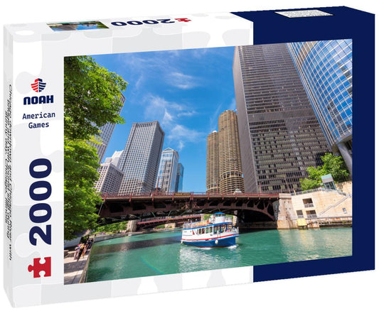 Noah Jigsaw Puzzle Chicago downtown and Chicago River with bridge and with tourist ship during sunny day, Chicago, Illinois 2000 pieces