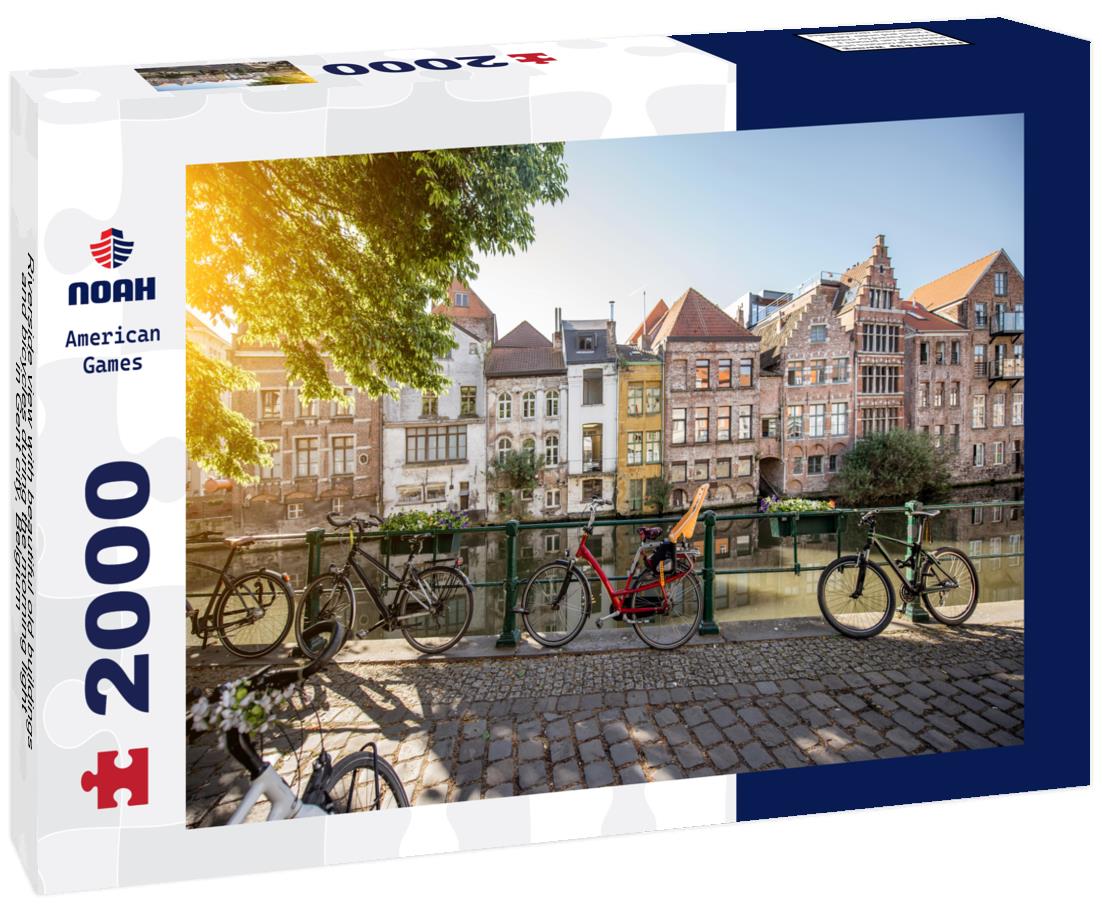 Noah Jigsaw Puzzle Riverside view with beautiful old buildings and bicycles during the morning light in Gent city, Belgium 2000 pieces