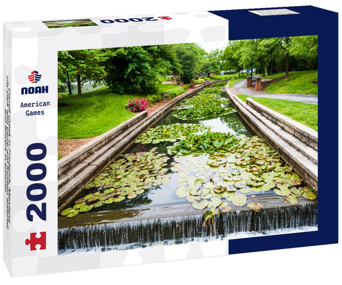 Noah Jigsaw Puzzle Carroll Creek in Frederick, Maryland city park with canal and fountain waterfall and flowers in summer 2000 pieces