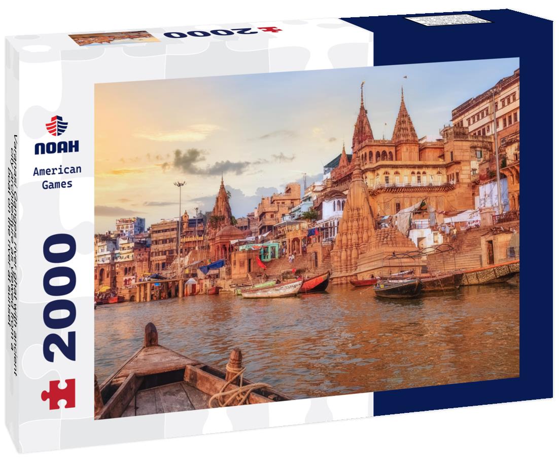 Noah Jigsaw Puzzle Varanasi Ganges river ghat with ancient city architecture as viewed from a boat on the river at sunset 2000 pieces