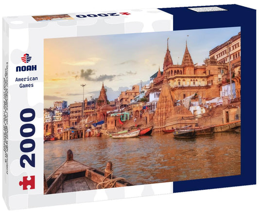 Noah Jigsaw Puzzle Varanasi Ganges river ghat with ancient city architecture as viewed from a boat on the river at sunset 2000 pieces