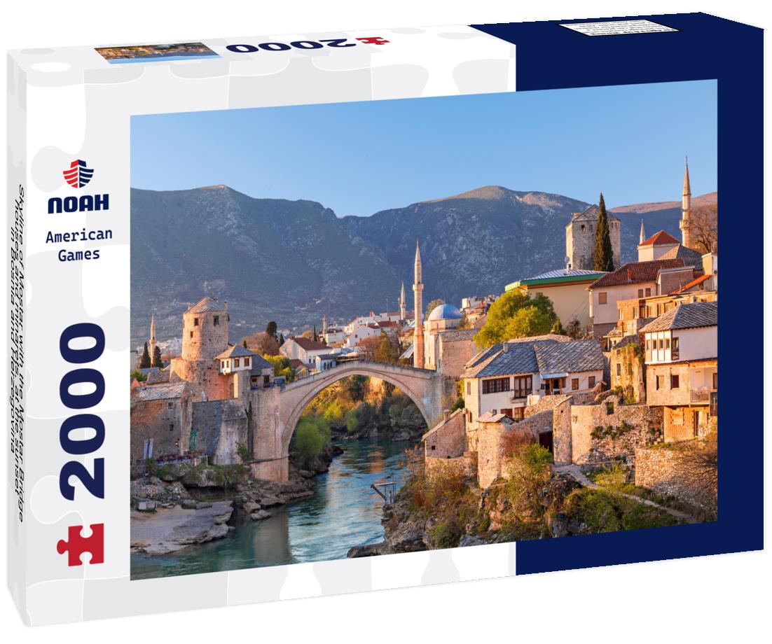 Noah Jigsaw Puzzle Skyline of Mostar with the Mostar Bridge, houses and minarets, at the sunset in Bosnia and Herzegovina 2000 pieces