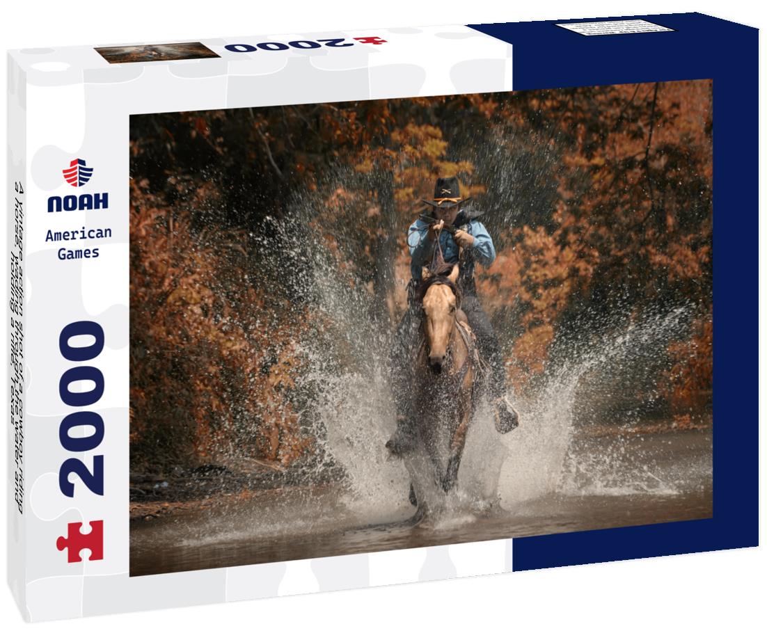 Noah Jigsaw Puzzle A vintage action shot of a cowboy riding a horse, wading through the water and holding a rifle, Texas 2000 pieces