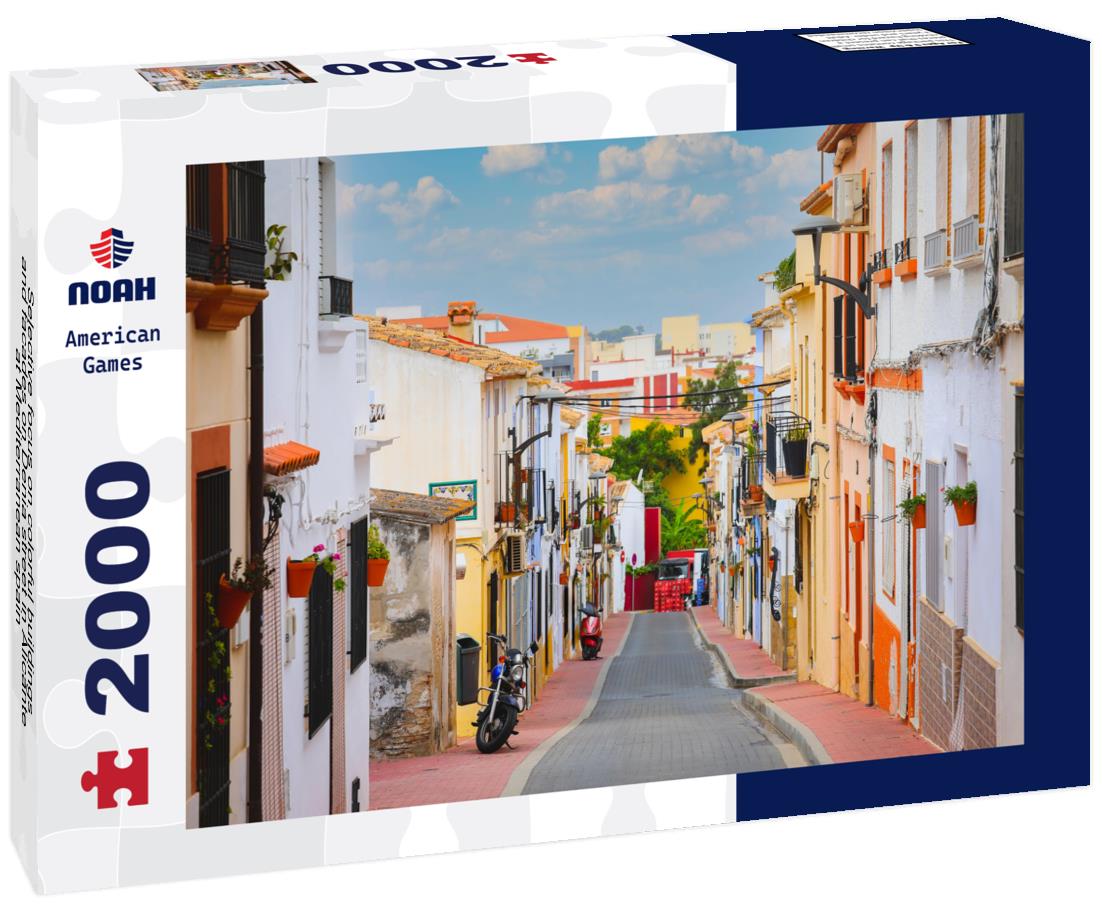Noah Jigsaw Puzzle Selective focus on colorful buildings and facades on Denia street in Alicante at Mediterranean spain 2000 pieces