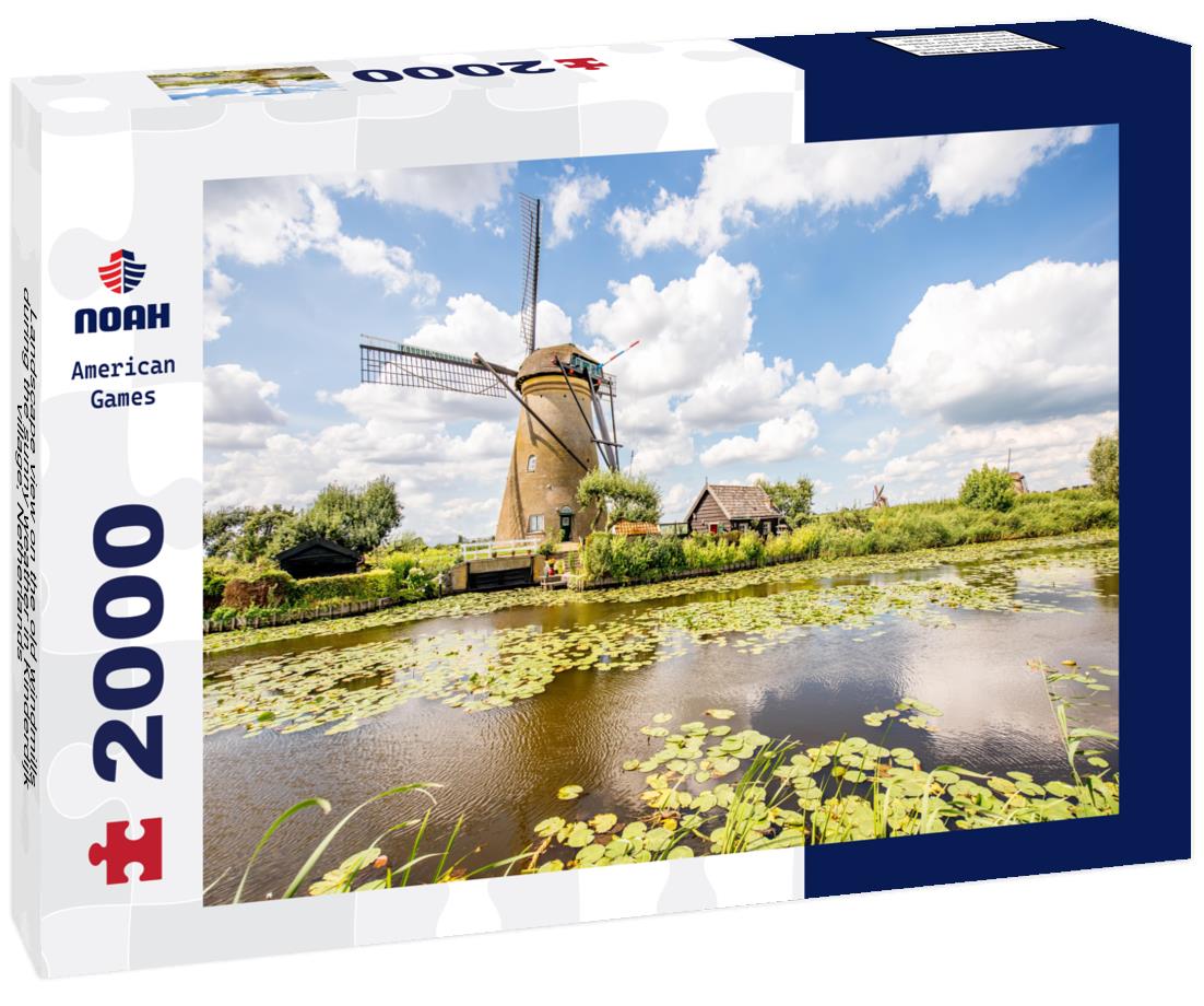 Noah Jigsaw Puzzle Landscape view on the old windmills during the sunny weather in Kinderdijk village, Netherlands 2000 pieces