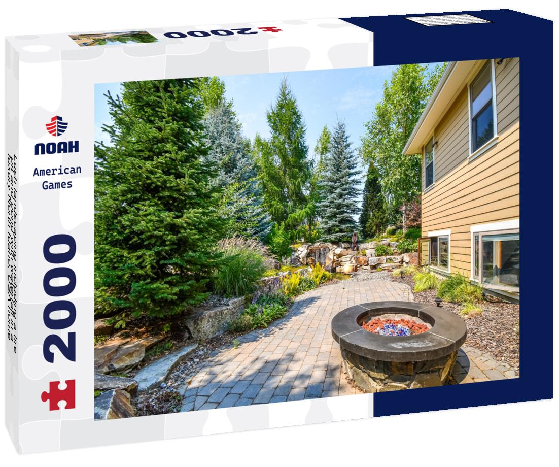 Noah Jigsaw Puzzle Lush landscaping including a fire pit and pond with waterfall in a luxury North Idaho, USA home 2000 pieces