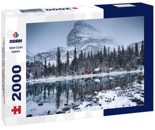 Noah Jigsaw Puzzle Lake O'hara with wooden hut and snow covered in pine forest on gloomy day at Yoho national park 2000 pieces