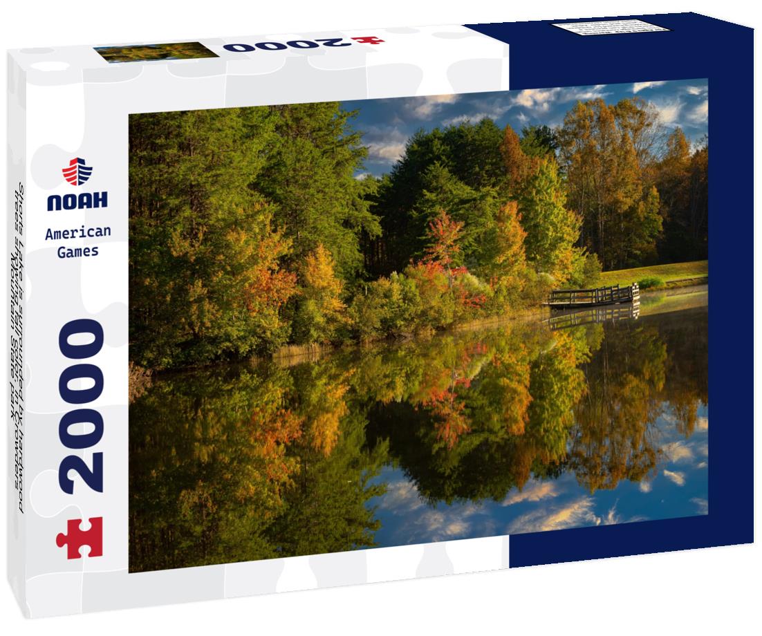 Noah Jigsaw Puzzle Shorts Lake is surrounded by hardwood trees showing fall color, in Crowders Mountain State park 2000 pieces