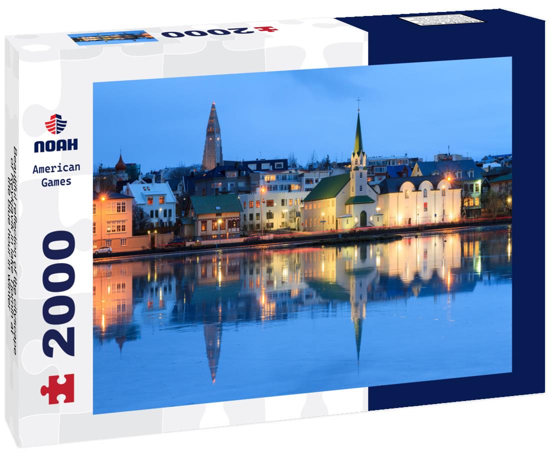 Noah Jigsaw Puzzle Beautiful reflection of the cityscape of Reykjavik in lake Tjornin at the blue hour in winter 2000 pieces