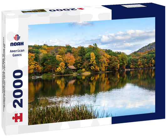 Noah Jigsaw Puzzle Mountain Lake with Wooded Shore under Blue Sky in Autumn and Reflection in Water, Connecticut 2000 pieces
