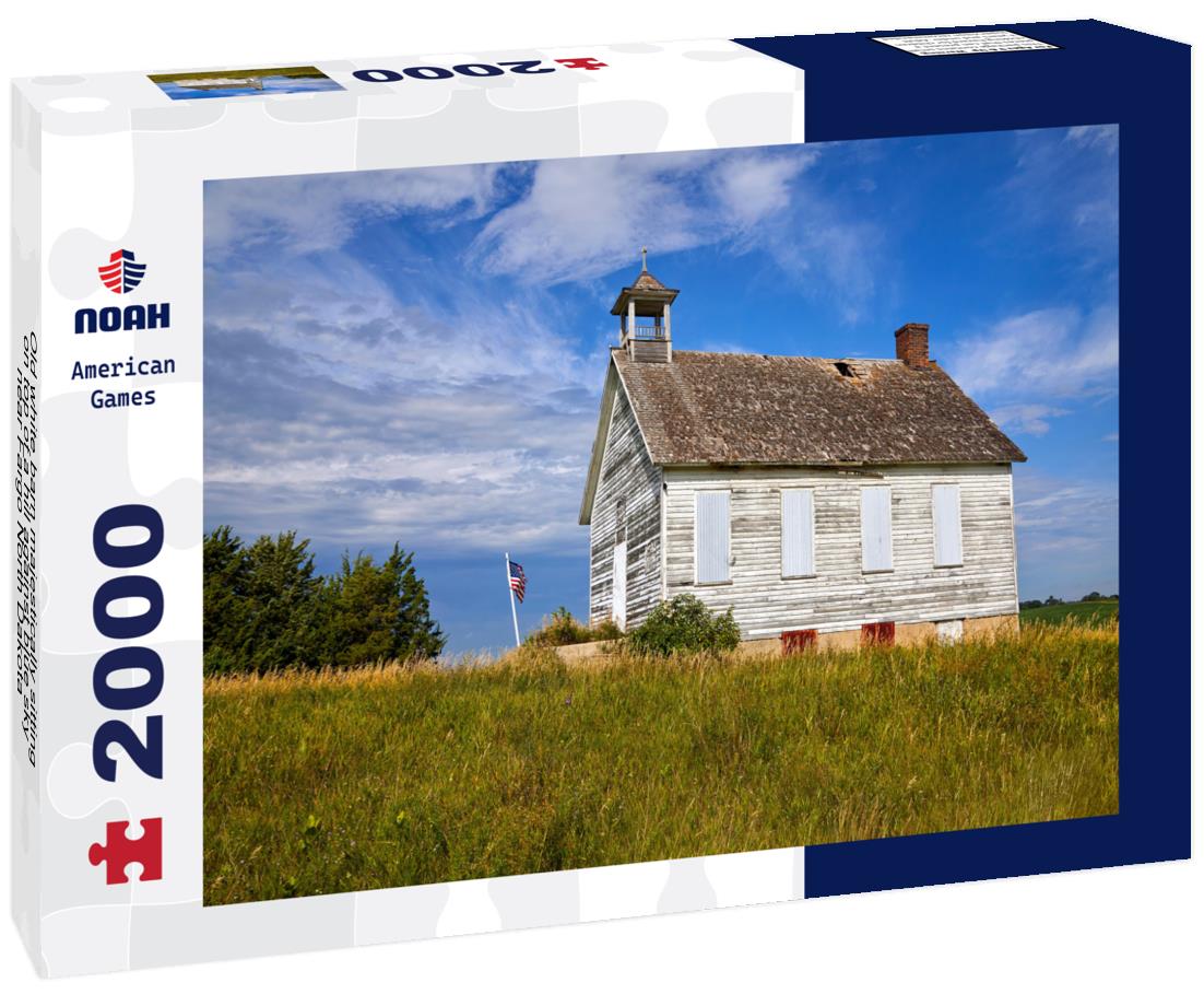 Noah Jigsaw Puzzle Old white barn majestically sitting on top of a hill against blue sky near Fargo North Dakota 2000 pieces