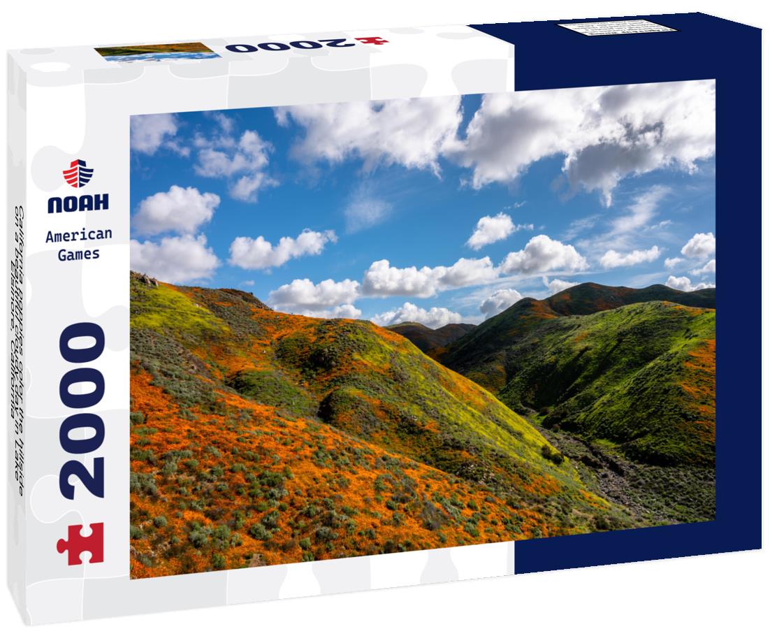 Noah Jigsaw Puzzle California poppies color the hillside on a beautiful cloudy day in Lake Elsinore, California 2000 pieces