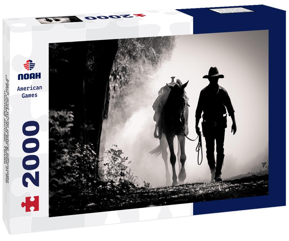 Noah Jigsaw Puzzle black and white picture silhouette of the cowboy and the horse in the morning sunrise, Texas 2000 pieces