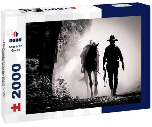 Noah Jigsaw Puzzle black and white picture silhouette of the cowboy and the horse in the morning sunrise, Texas 2000 pieces